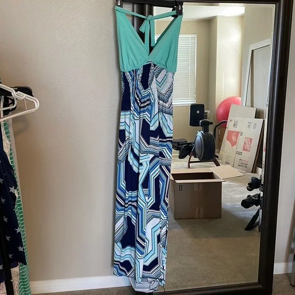 Blue Geo Print Halter Maxi Dress Turquoise Bodice, Stretch Back | Large | Color: Blue/White | Size: L | Dianev013's Closet